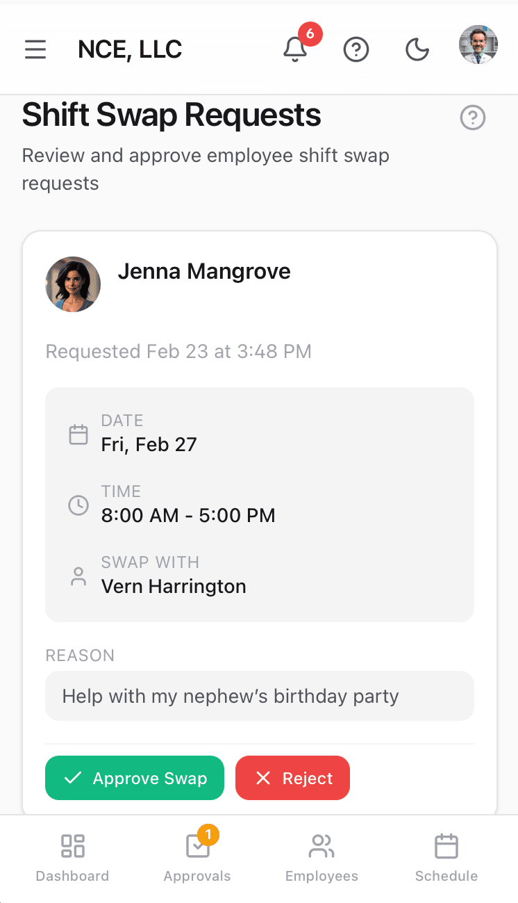 Shift Scheduling — Manager approves or rejects