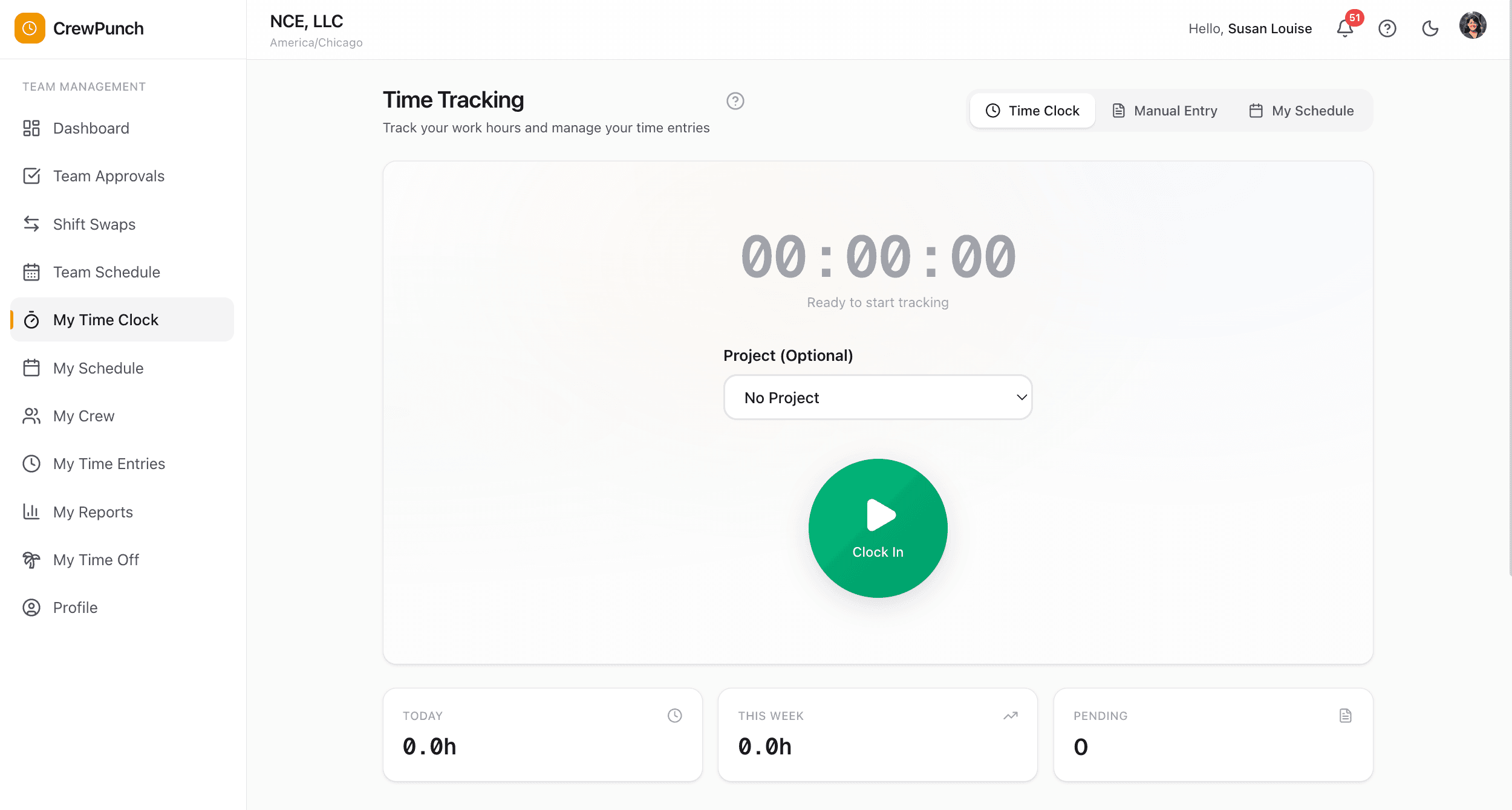 One-Tap Time Clock desktop view — CrewPunch screenshot