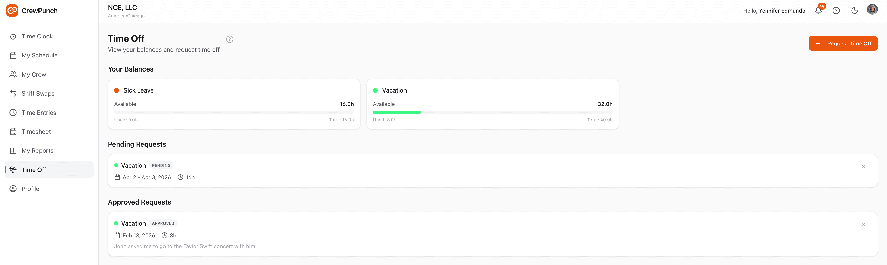 Time Off Tracking — CrewPunch screenshot