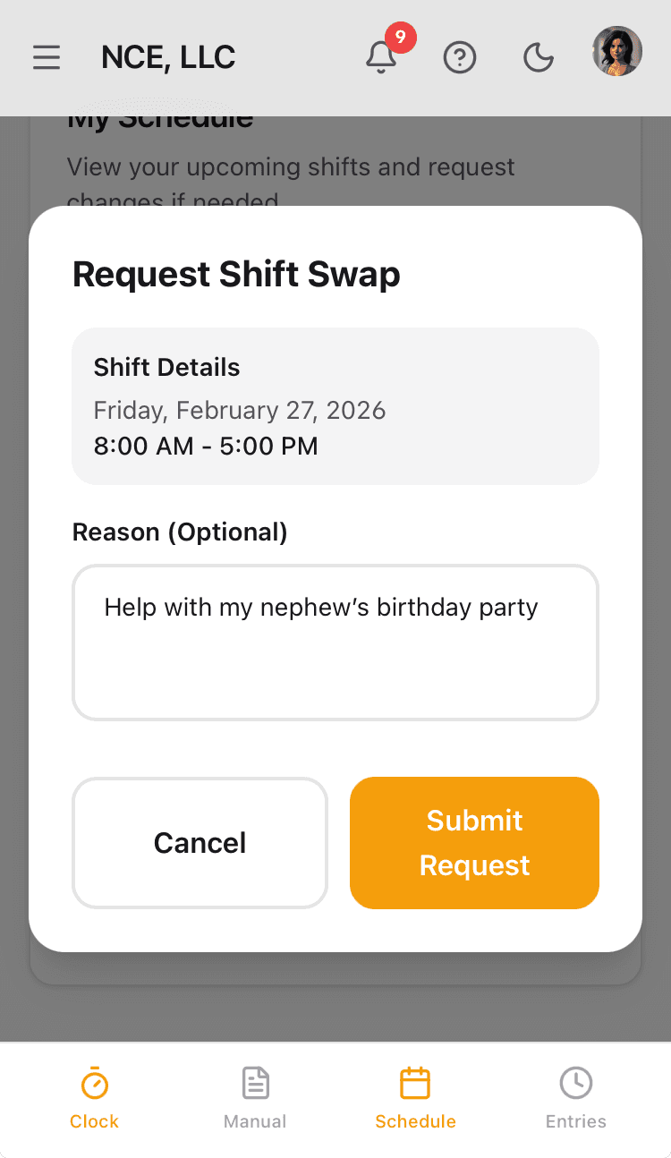 Shift Scheduling — Request a shift swap