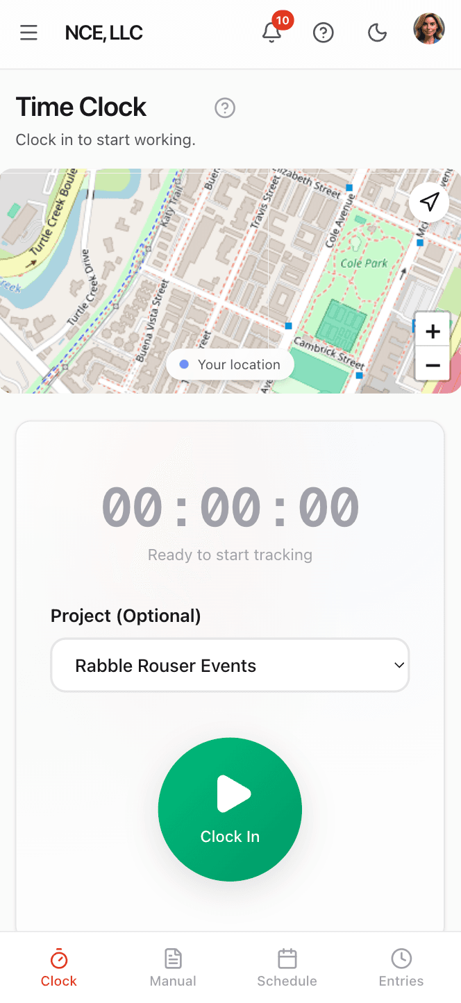 One-Tap Time Clock mobile view — CrewPunch screenshot